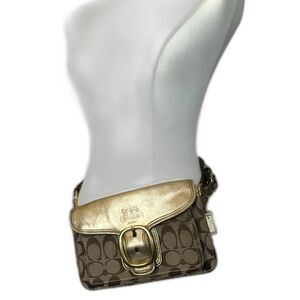 COACH Bleecker Signature C Canvas Belt Bag Waist Fanny Pack Gold Leather Trim